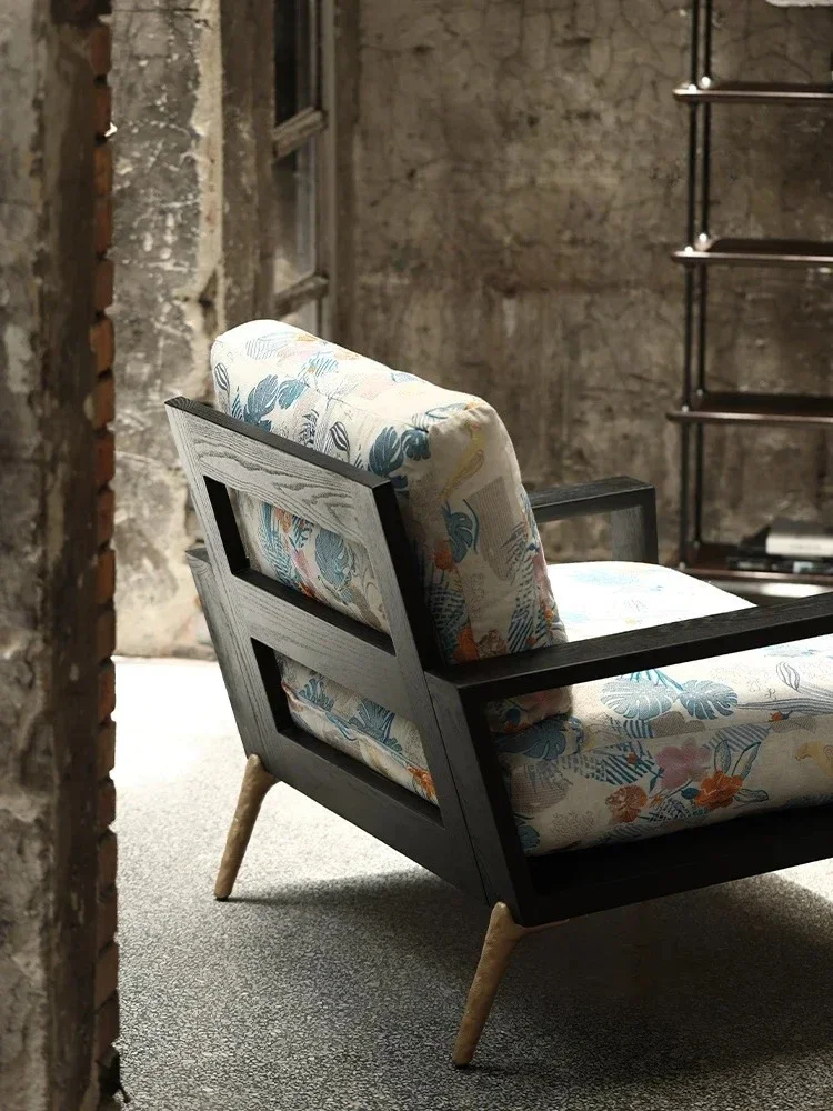 American Country North Solid Wood Embroidery Fabric Single Sofa Living Room Premium Single Chair
