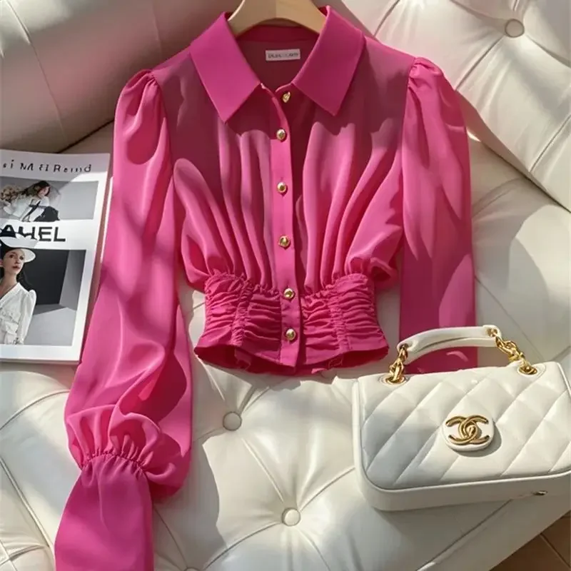 

Fashion Rose Red Chiffon Blouse Design Slim Wasit Pleat Shirt Women Metal Button Long Sleeve Top Small Fragrance 668P