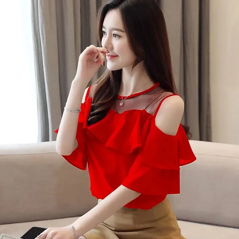 Summer Short Sleeve Ruffles Chiffon Women Blouse Off Shoulder Top Fashion Elegant Shirt