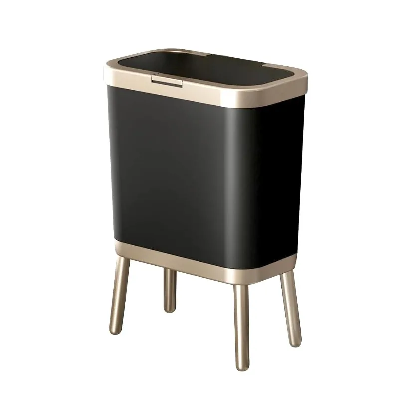 

15 Liters/4 Gallon Black Trash Can, Small Garbage Can with Push Button Lid, Stylish Simple Human Wastebaskets with Gold Edge