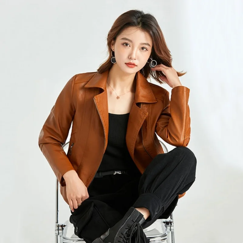 Spring Thin Motorcycle Leather Jacket Women\'s Casual Solid Coat Trendy Lapel Slim Fit Short PU Outwear Female Streetwear Top