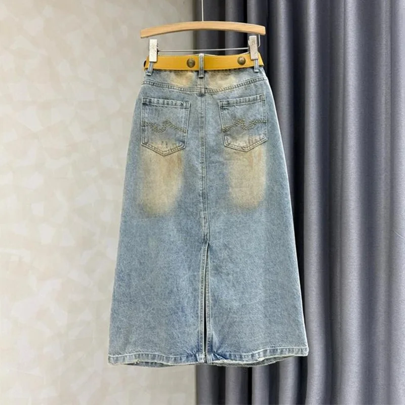 ANJY Spring Summer New Women Washed Vintage Slit Diamonds Design A-line Denim Long Skirt Trend Fashion High Street Skirts A23525