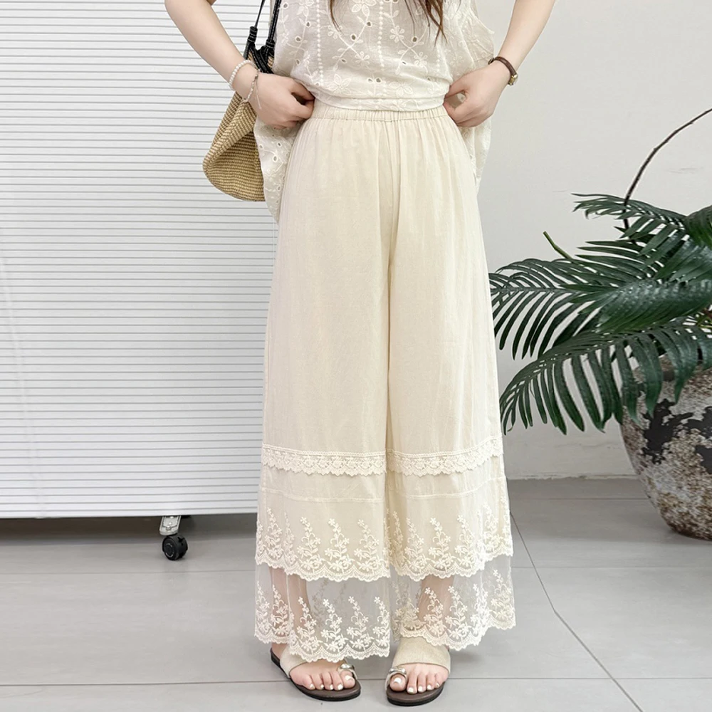 

Japanese Sweet Mori Girl Lace Embroidery Patchwork Cotton Wide Leg Pants Women Summer Elastic Waist Casual Loose Straight Pants