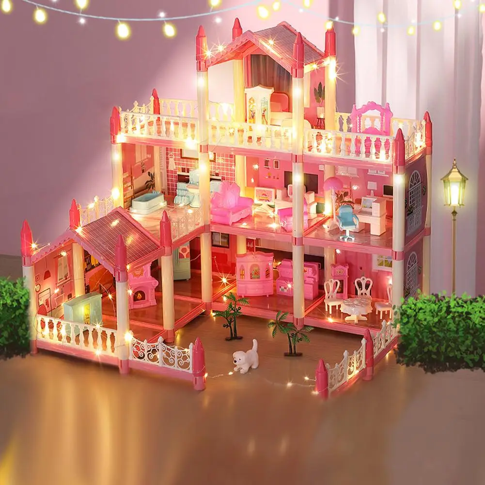 Playset para meninas, mini casa de bonecas, teatro com móveis, brinquedos para vários quartos, versão reduzida, interior do castelo