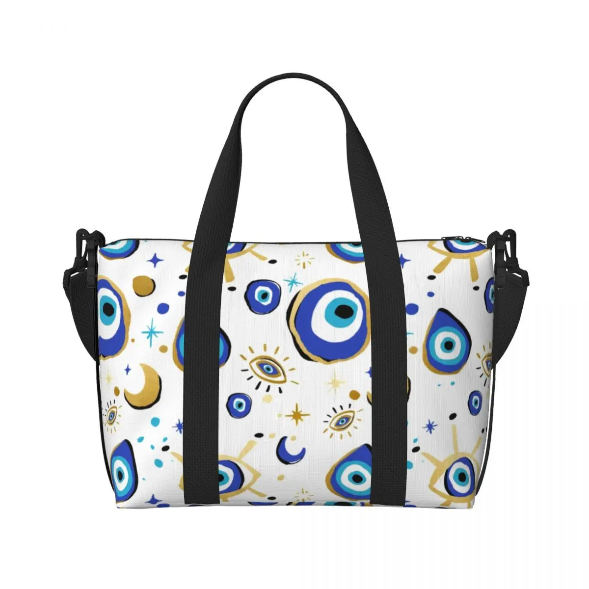 Custom Large Mediterranean Blue And Gold Evil Eye Tote Bag Women Hamsa Nazar Amulet Boho Shopping Shoulder Gym Beach Travel Bag