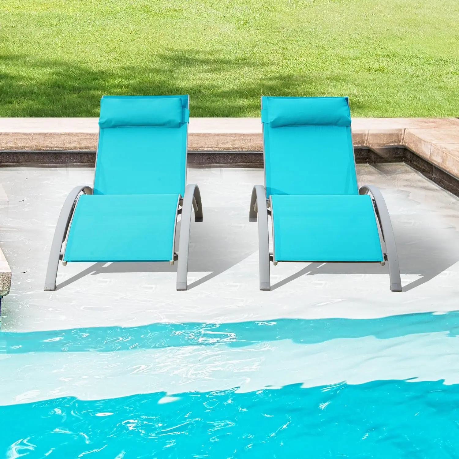 

Set Of 2 Adjustable Aluminum Outdoor Sun Loungers All Weather Poolside Deck Lawn Backyard Lounge Chairs