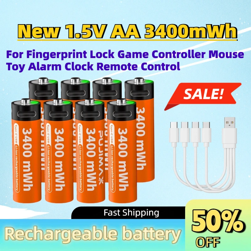 New 1.5V AA 3400mWh Type-C Rechargeable Li-ion Battery for Fingerprint Lock Game Controller Mouse Toy Alarm Clock Remote Control