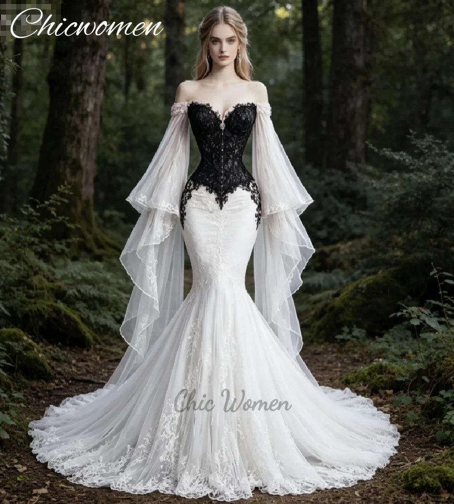 Whimsical Black and White Gothic Wedding Dress 2026 Off Shoulder Sheer Flare Sleeves Dark Romantic Bridal Gowns Bohemian Civil