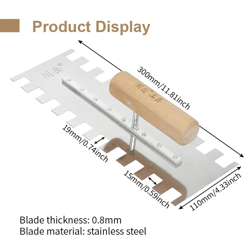 30cm Tile Tools Stainless Steel Blade Two Side 15x19mm Square Notched Trowel Masonry Hand Kit For Wall Floor Tiling Installation