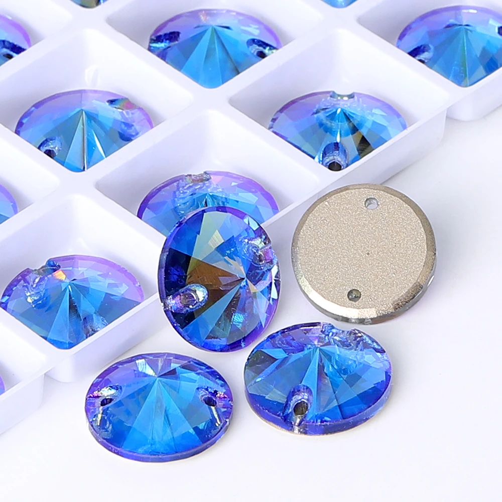 

QIYI Fluorescent Light Blue Rivoli K9 Glass Sew On Rhinestones Crystal FlatBack Sewing Stones For DIY Clothes Wedding Dress