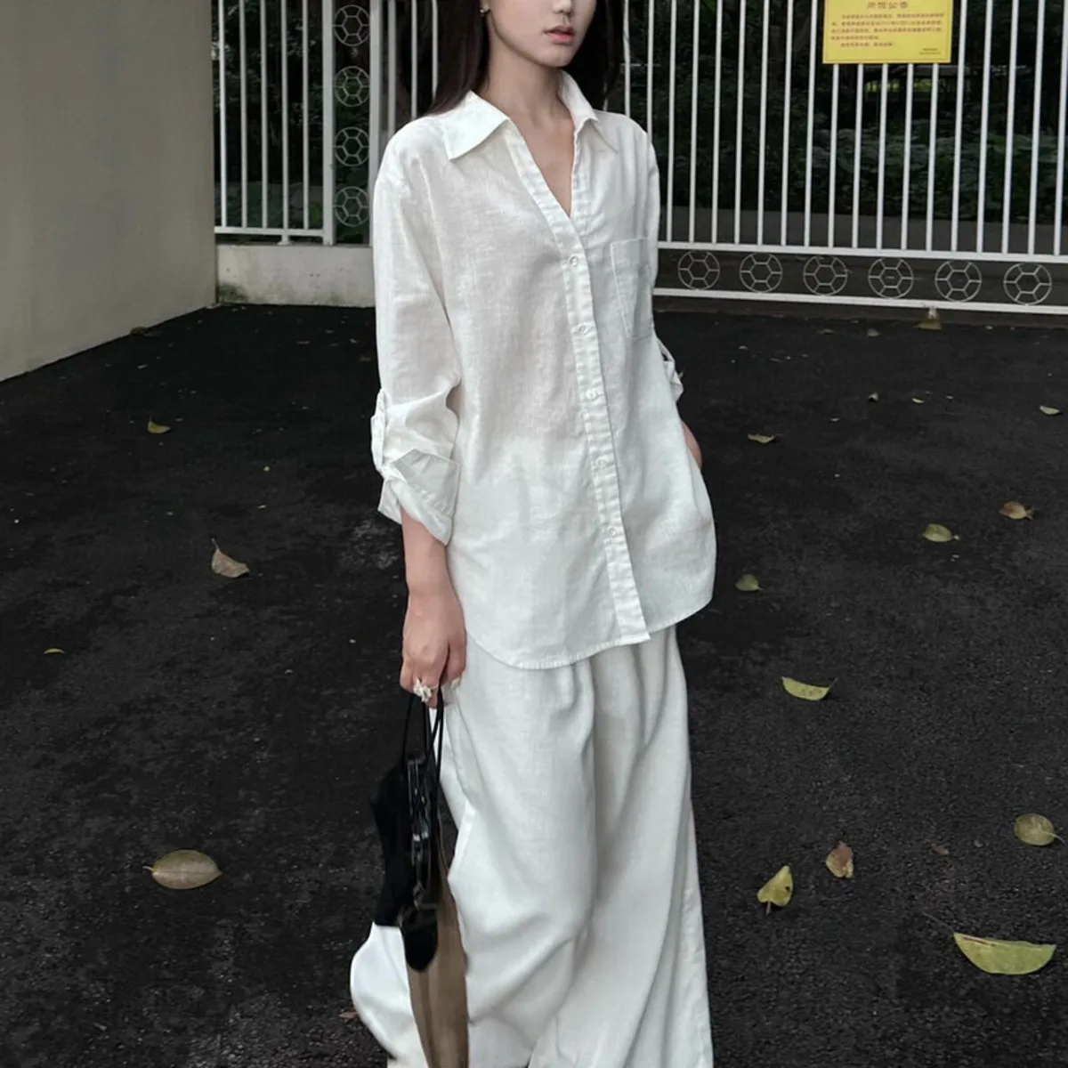 KWTX 여성용 화이트 캐주얼 셔츠 & 팬츠 세트 2피스 의상 - 루즈핏 라운지웨어 (커프 소매), 우아한 오피스룩