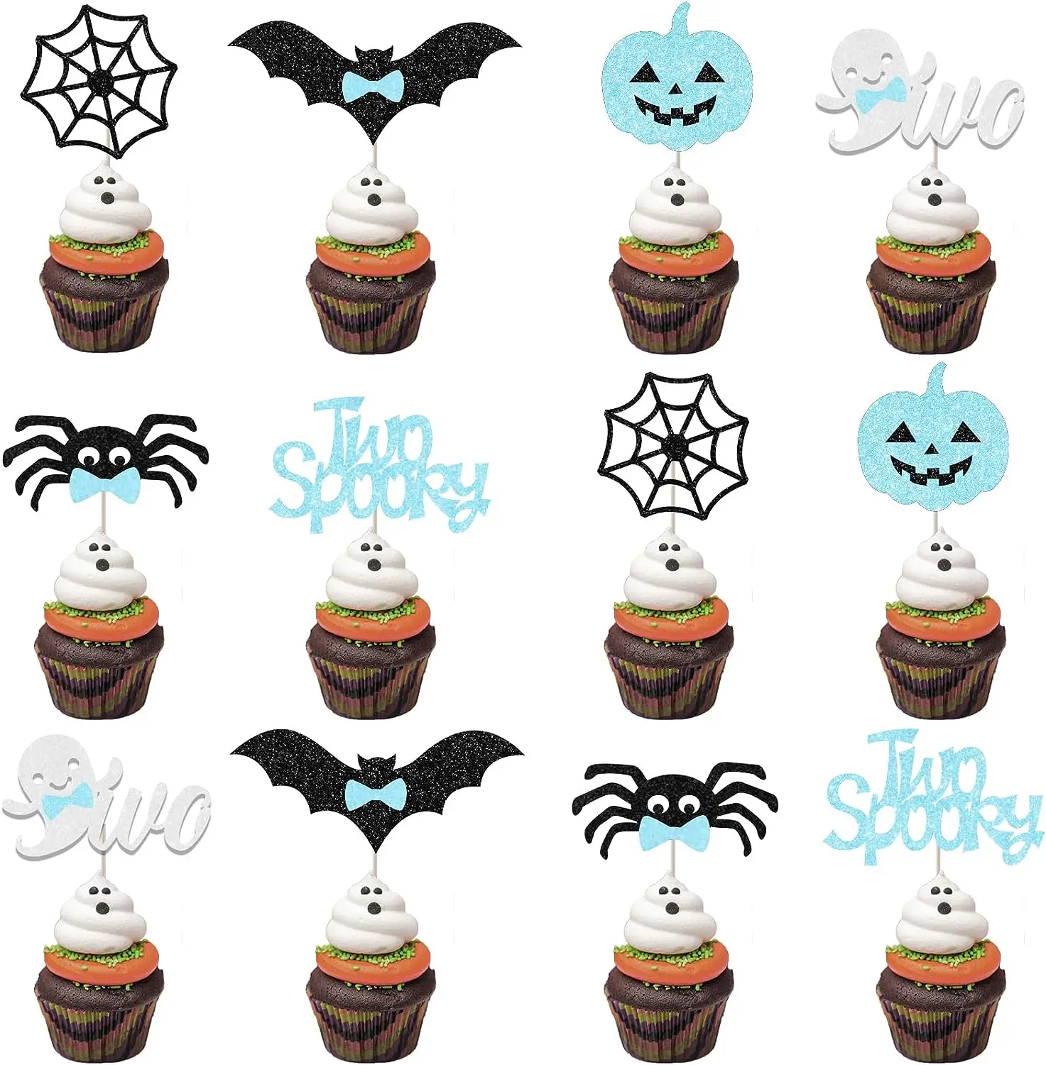 

Halloween Two Spooky Cupcake Toppers Birthday Decorations for 2 Years Old Boy 36Pcs Blue Black Halloween Ghost Cupcake Toppers