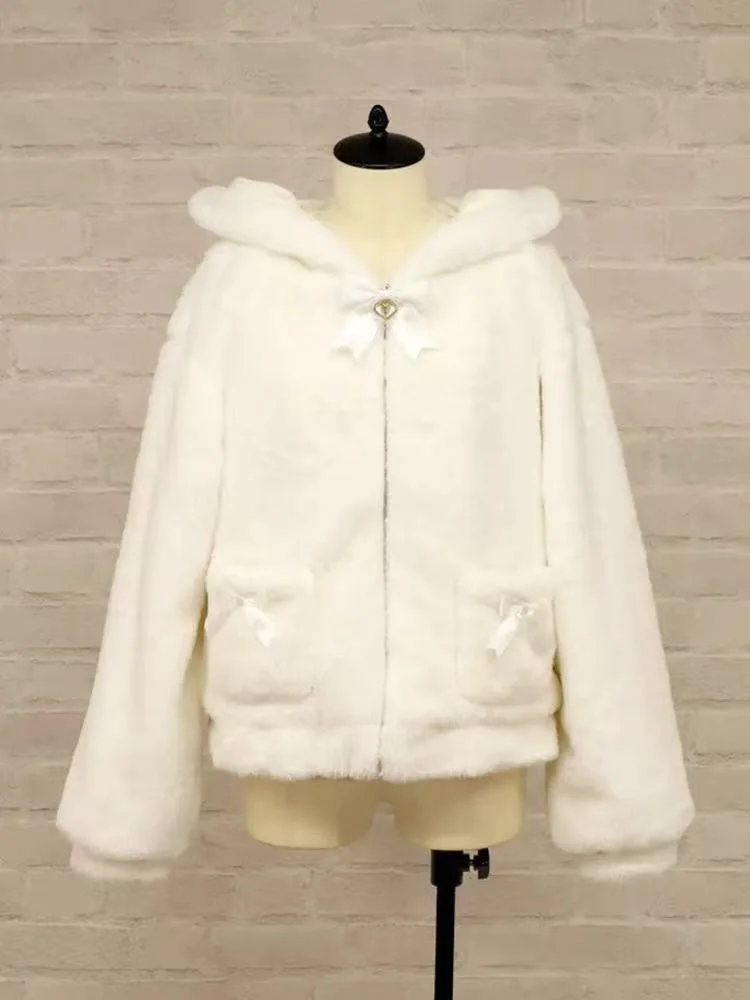 Japanese Lolita Cute Plush Hoodie Thickened Rabbit Ear Coat Autumn/winter Cute Hairball Short Top For Women