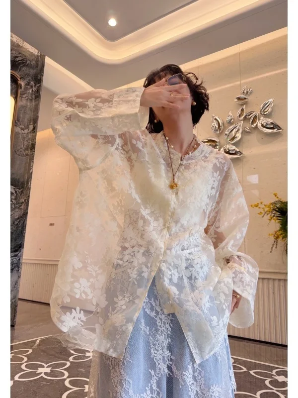 

Новая китайская куртка-жакет с кружевными цветочными пуговицами, больших размеров, для полных женщин, весенняя, свободного кроя, из смесового хлопка и полиэстера