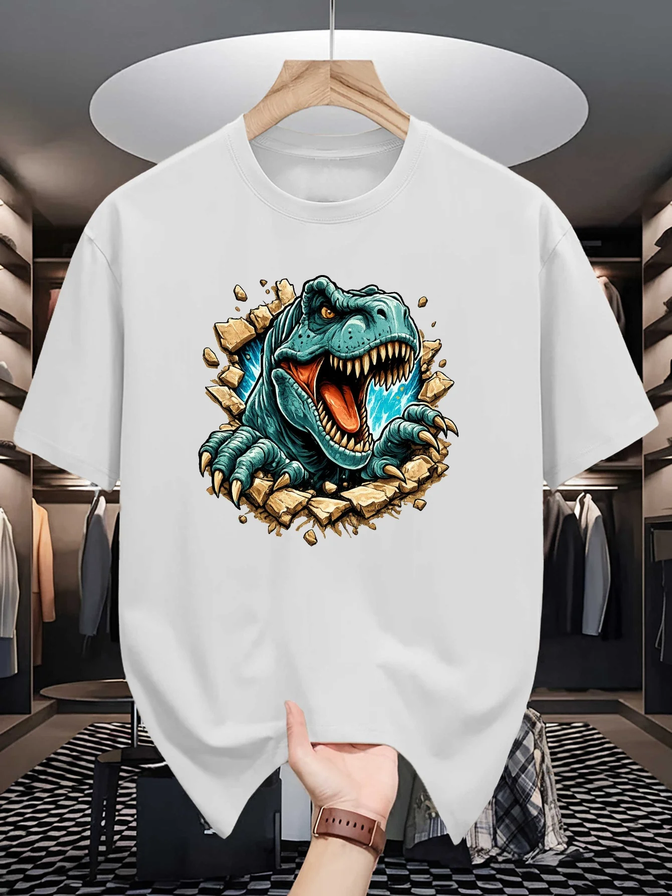 Mens Crew Neck T Shirt Cool T Rex Dinosaur Break Wall Graphic Tees Vintage Animal Print Casual Streetwear Cotton Summer Tops