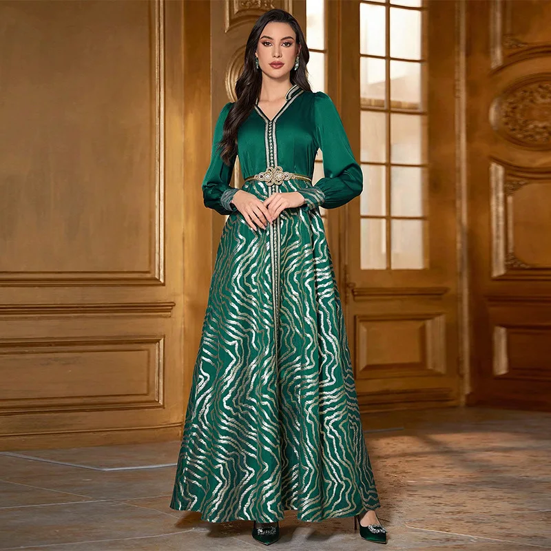 

Ky746 New Middle East Women's Wear Robe Autumn Ethnic Tribe Stitching A- line Belt Dress