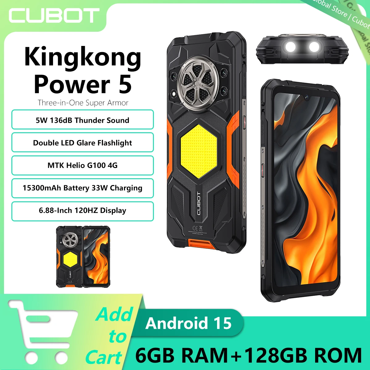 Прочный смартфон Cubot Kingkong Power 5, аккумулятор на базе Android 15, 15300 мАч, экран 6,88 дюйма, 120 Гц, 6 ГБ ОЗУ, 128 ГБ ПЗУ, 5 Вт, звук 136 дБ