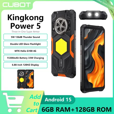 Cubot Kingkong Power 5 Rugged Smartphone Android 15 15300mAh Battery 6.88" 120Hz Screen 6GB RAM 128GB ROM 5W 136dB Sound