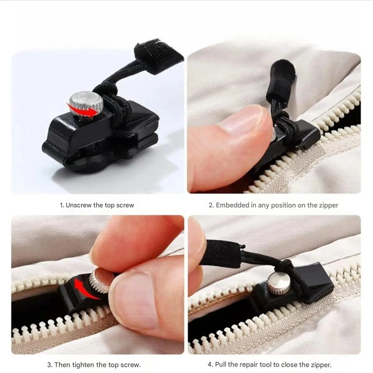 A 3-pack of zipper repair kits (small, medium, and large sizes) with detachable universal zipper heads for replacing zippers in