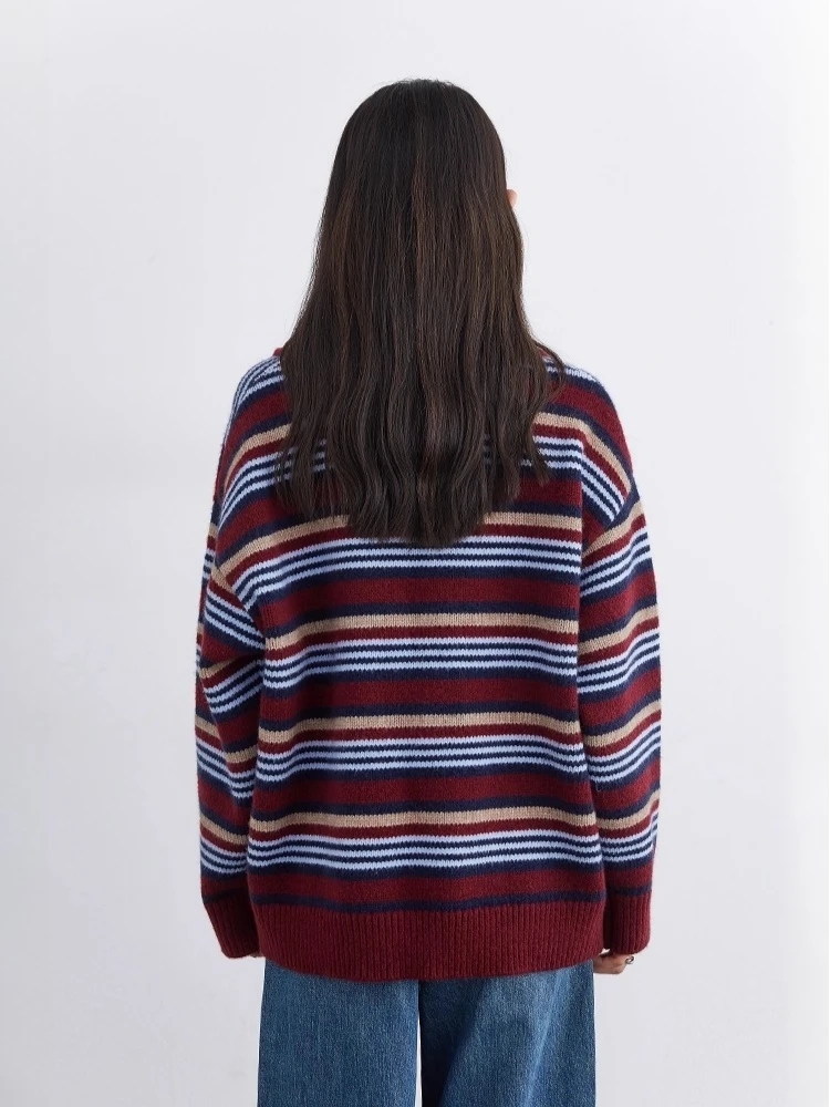 CHIC VEN-suéter holgado informal para mujer, Jersey Retro a rayas con contraste y cuello tipo Polo, jerséis de punto cálidos para mujer, jersey para Otoño e Invierno 2025