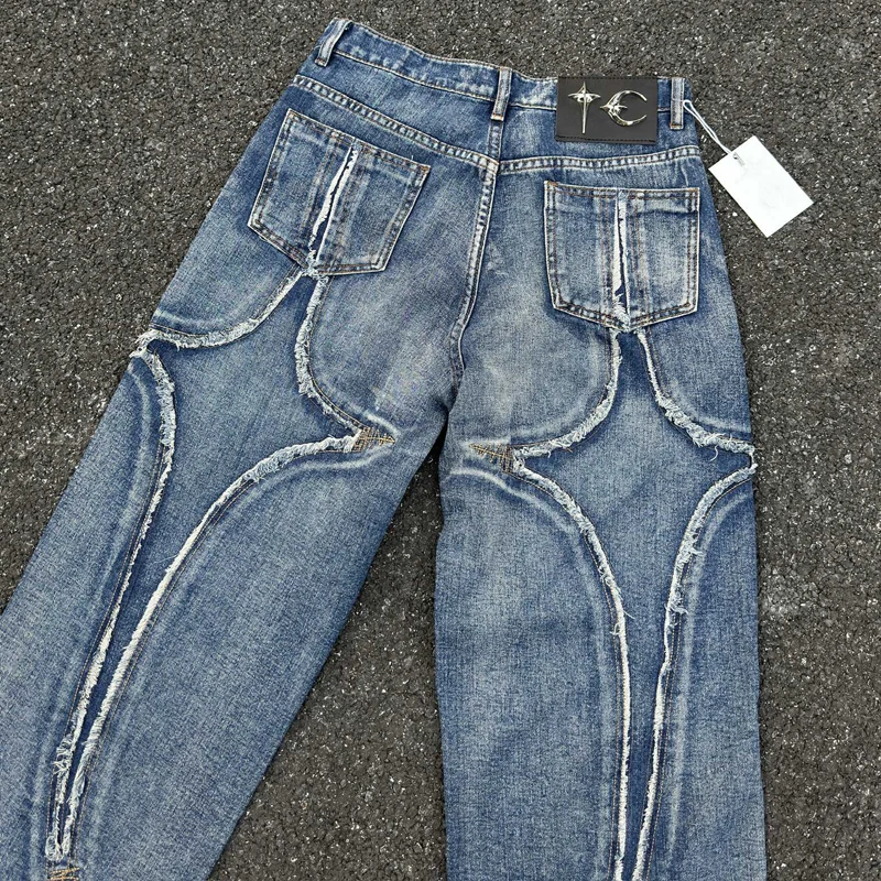 25SS جديد البلطجة نادي الجينز النمط الأمريكي التطريز نمط معدني شعار شارع العليا فضفاض منتصف الخصر الرجال الدنيم السراويل #5