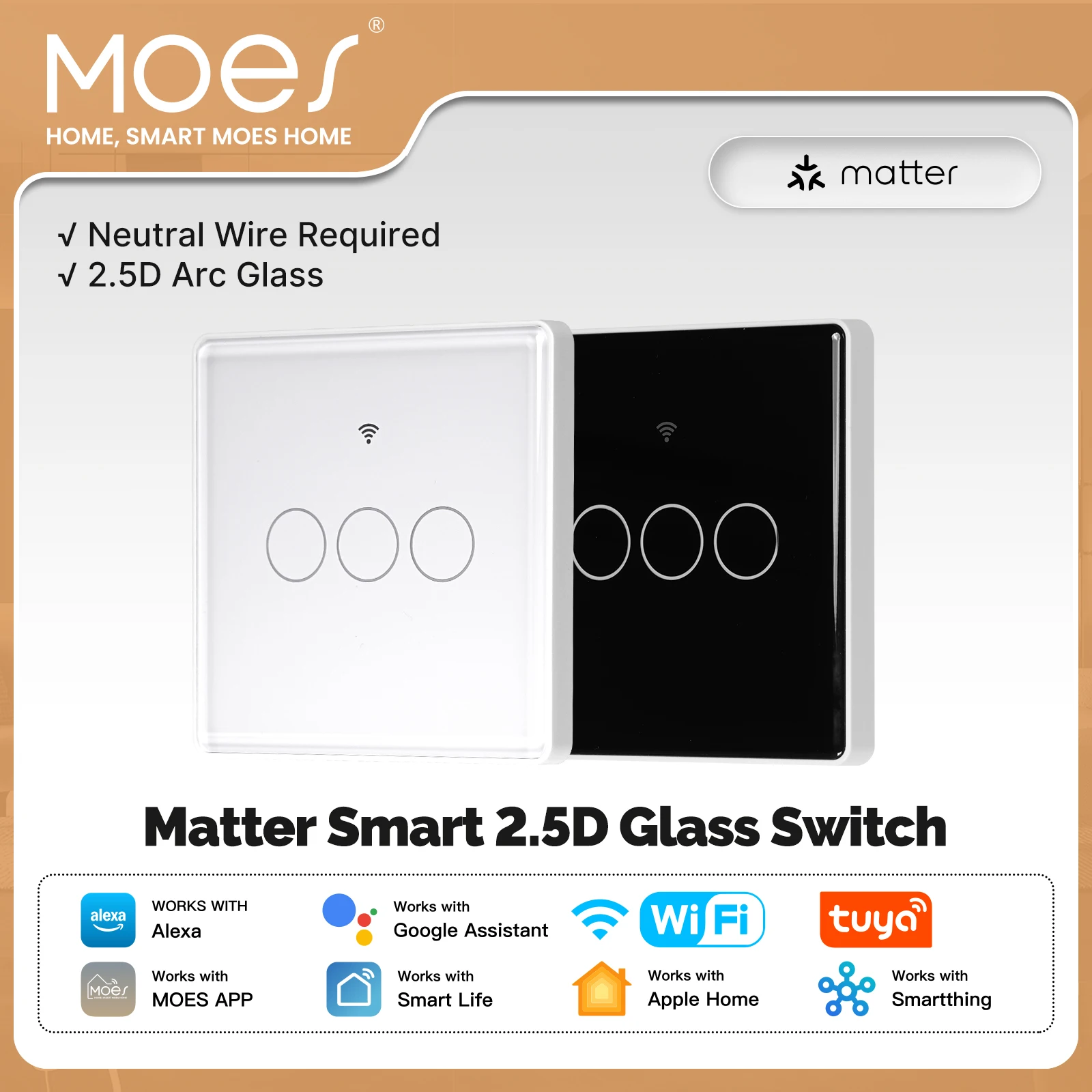 

Умный выключатель света MOES Tuya Matter WiFi, версия EU 2,5D, требуется нейтральный провод, работает с Alexa Google Home Apple HomeKit