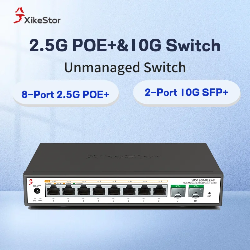 

XikeStor 8-Port 2.5G PoE+ & 2-Port 10G SFP+ Network Switch | 30W/Port, 100W Total