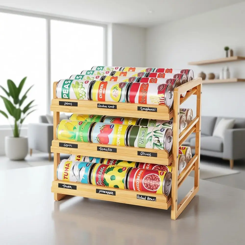 

3-Tier Bamboo Can Storage Organizer with Label Sticker and Marker, Stackable Pantry Holder