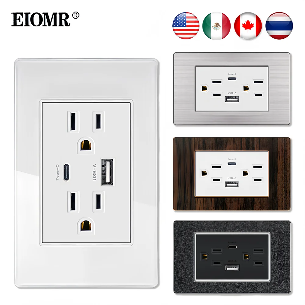 EIOMR US Standard Wall Socket, 15A Socket with 2.1A Usb Type-C, AC 118*75mm White Black New Various Panel Series for Home Office