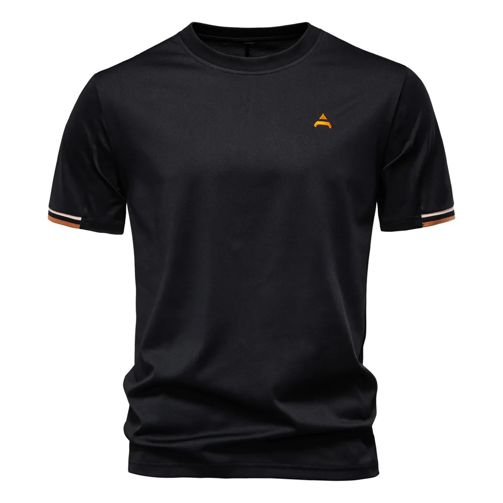 

Casual Versatile Men's round Ne ort Sve irt Straight Cut Printed Fiber Blend Fabric Summer Busin Casual Pure Color