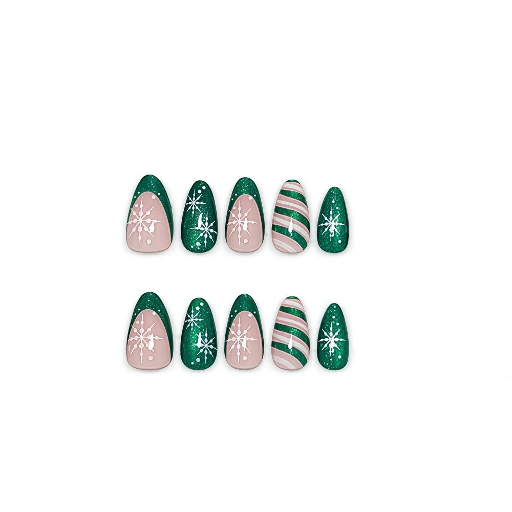 30pcs Green Glitter Cat Eye Press On Nails 3DChristmas White Snowflake Candy Cane Stripes Fake Nail Winter Holiday False Nail 4