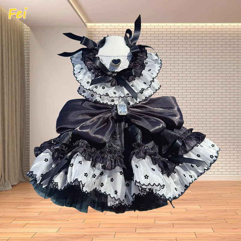 

Princess Dog Dress for Small Medium Dogs, Handmade Long Tail Sling Cotton Pet Clothes with Black White Floral Dot Print