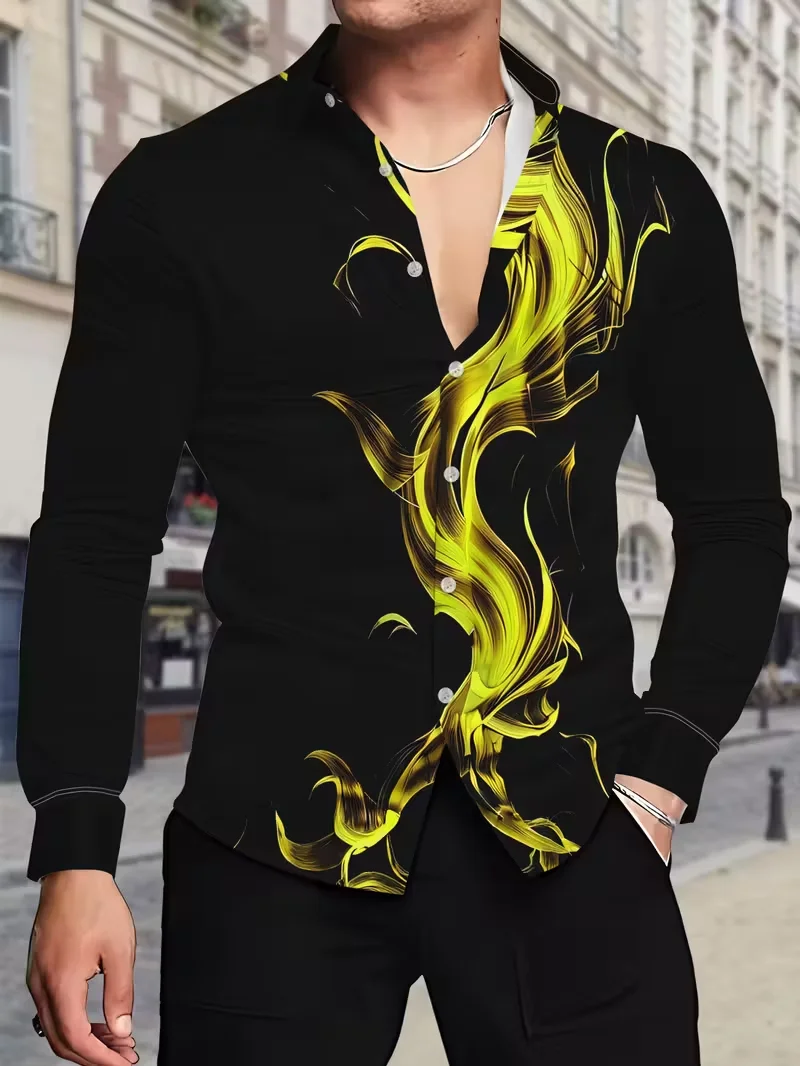 New men's long sleeved shirt with a collar, fashionable men's luxurious 3D butterfly print casual and comfortable shirt
