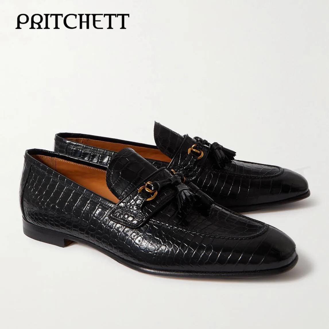 Men's Crocodile Pattern Leather Tassel Loafers Round Toe Square Root Metal Round Buckle Decoration Casual Shoes Leather Shoes