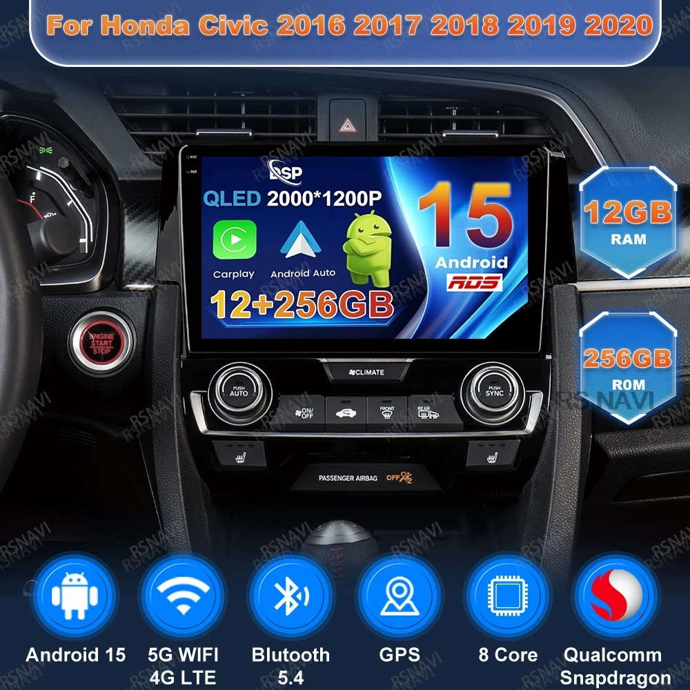 

Автомобильное радио Android 15 для Honda Civic 2016 2017 2018 2019 2020 DSP авторадио GPS 4G LTE стерео Viedo плеер Qualcomm головное устройство BT