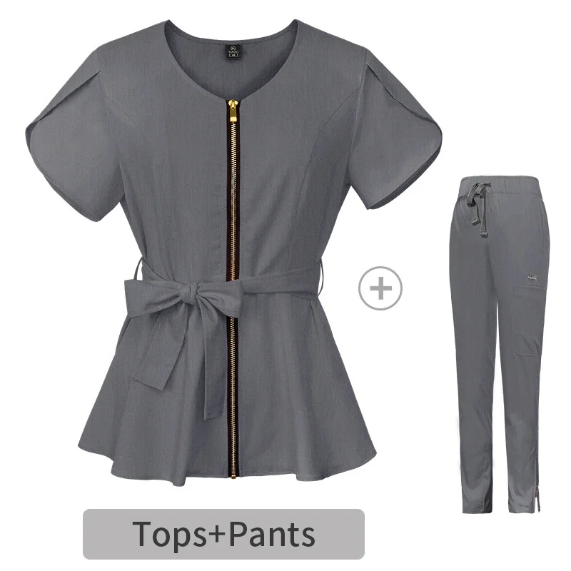 

Plug Size Beautician Tops+pants V Neck Solid Color Women Medical Short Sleeved Spa Uniform Nurse Clothes Doctor Workwear