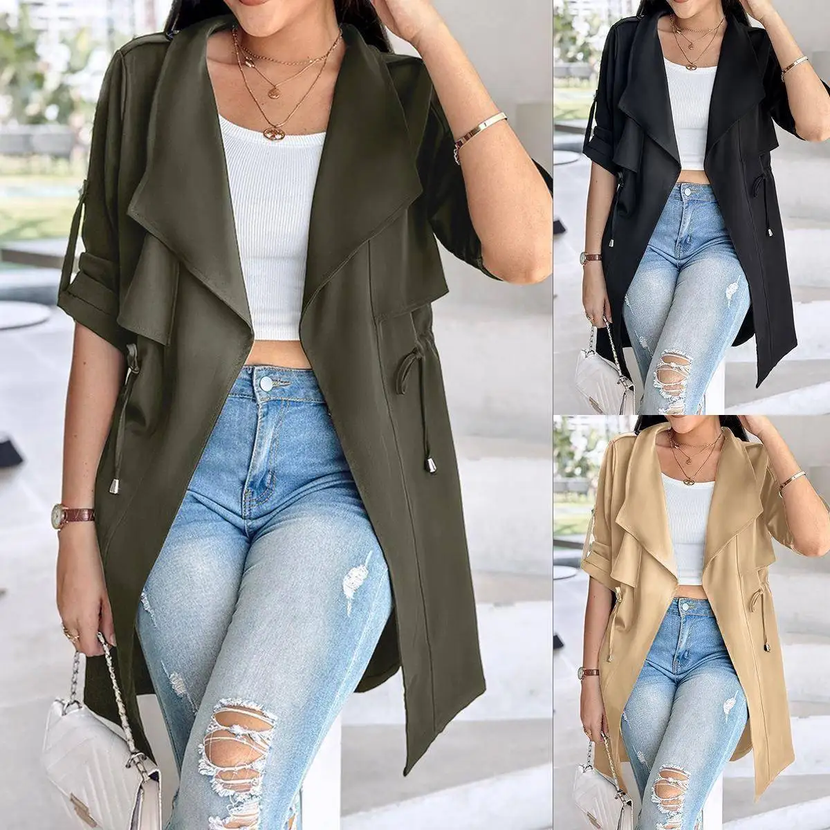 

Faionable Loose Color Sve Roll up Mid-Length Coat Autumn Winter Women's Outerwear Polyester Fiber 00% Long Sve