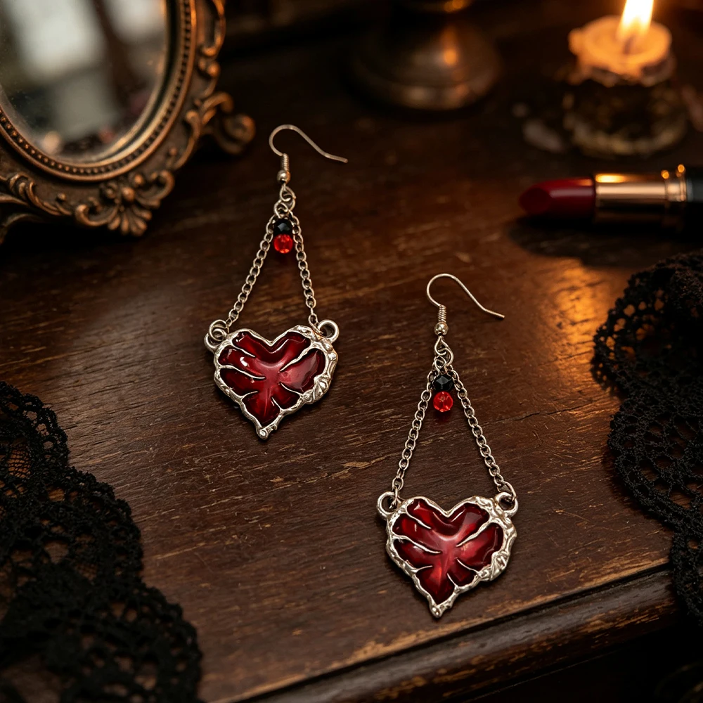 Vintage distressed silver and red enamel heart chain drop earrings, gothic style color-blocking beaded unique long earrings for women