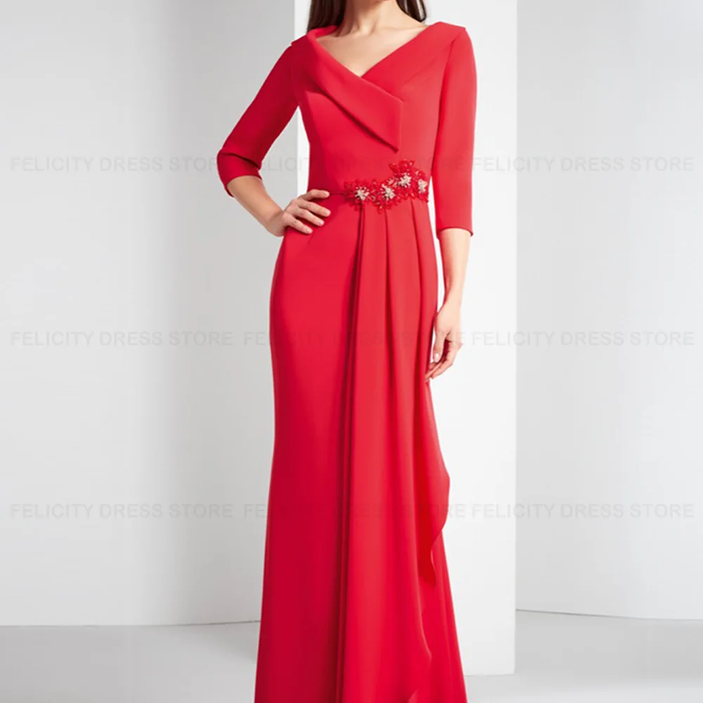 Red Mother of the Bride Dresses 2023 Mermaid V-neck Floor-length Beadings Formal Party Wedding Guest Dresses فستان حفلات الزفاف