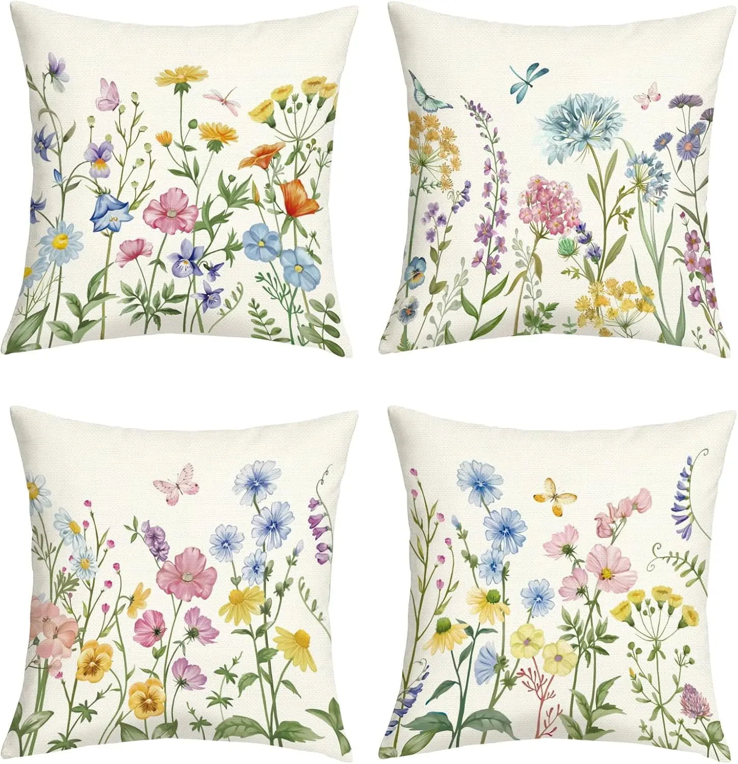 4pcs Watercolor Wildflower Butterfly Dragonfly Printed Pillow Cover Polyester Cushion Case 2D Flat Printing Pillowcase Now