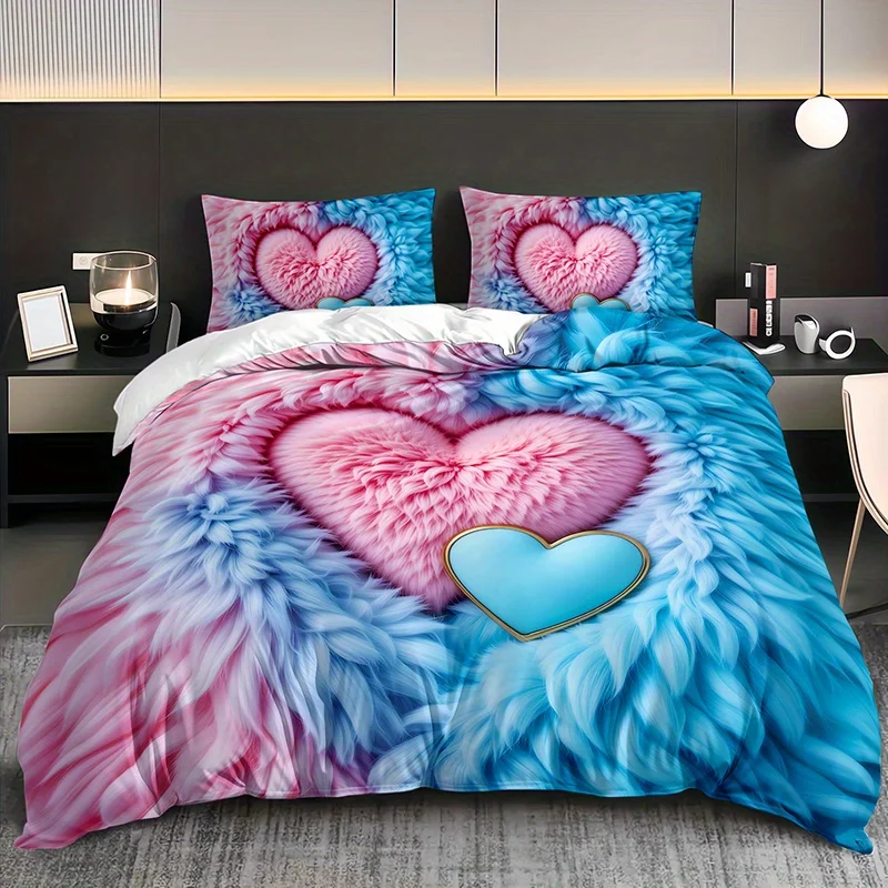 Pink And Blue Feather Heart Duvet Cover Set Romantic High-Definition Print Soft Comfortable Couples Bedding