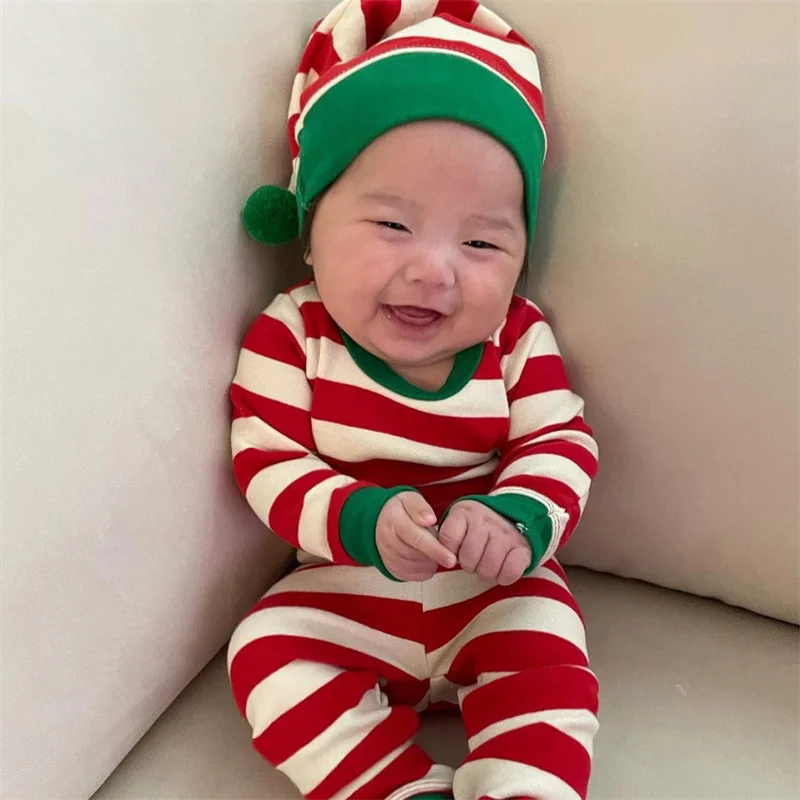 Christmas Autumn Winter Baby Suit Clothes Child Boys Girls  Cotton Cute Twin Red/Green Stripes Infant Long Sleeve Children\'s Set