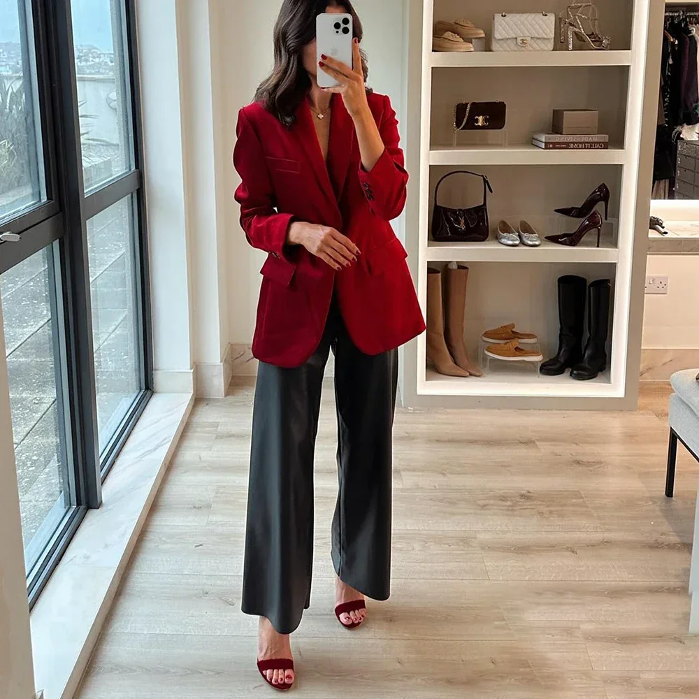 PRINTKAOIR Vintage Chic Velluto Rosso Blazer oversize Donna Manica lunga Tasche con scollo a V Giacche Moda 2024 Office Lady Outwears