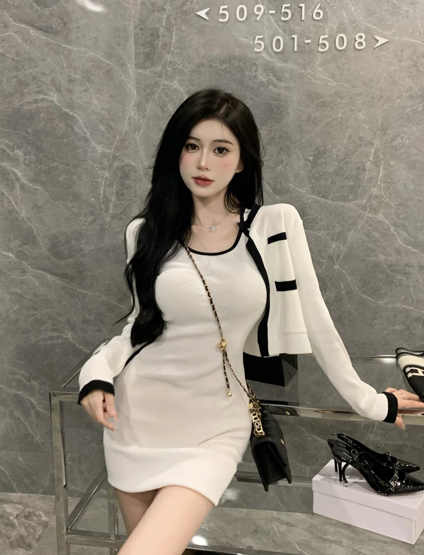 2023 Spring Autumn New Women\'s Sexy Temperament Knitted Cardigan Coat Slim Wrap Hip Tank Top Dress Fashion Two Piece Set WHH4