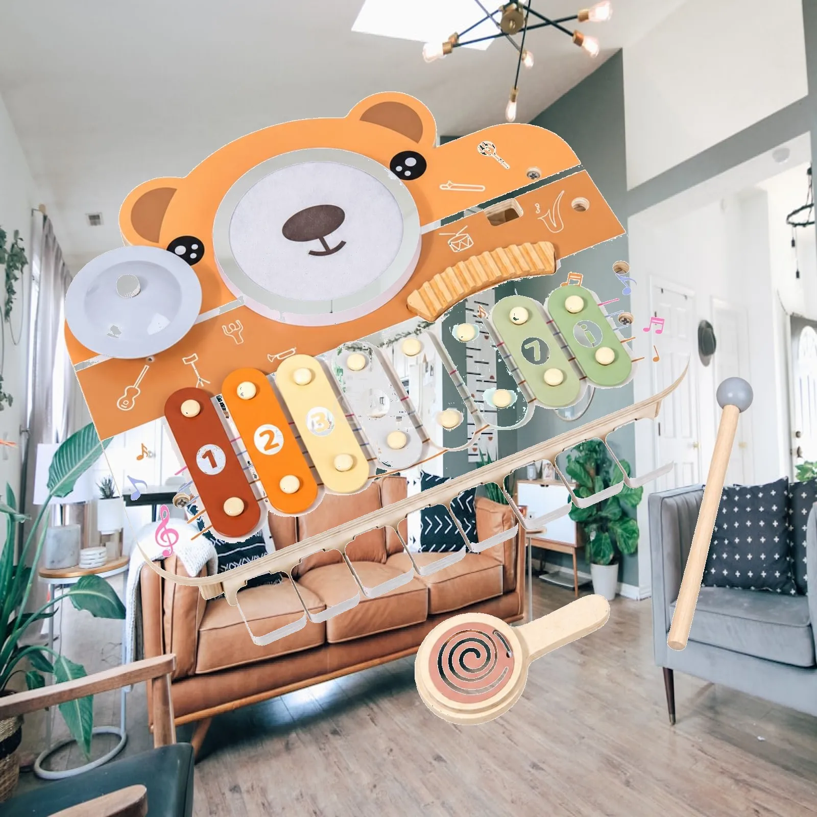Bear Theme Wooden Music Tabletop Piano for Children with Mallet and Wooden Stick Musical Learning Toy for Toddlers Age 3 Plus