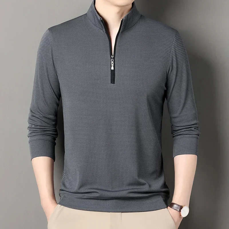 

Mens Spring and Autumn Half Zipper Pullover T-shirt for Male Sweatshirts Solid Color Stand Collar Lightweight Casual Tshirts