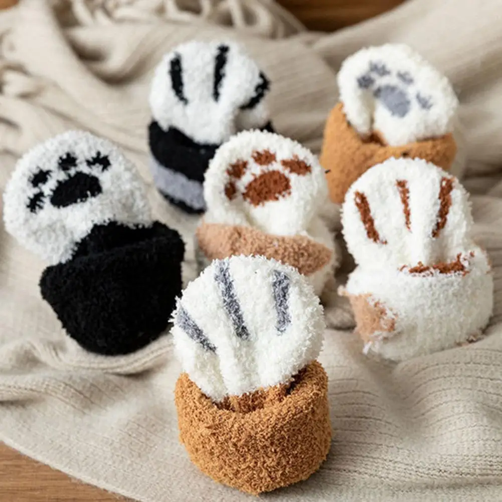 Non-slip Cat Claw Socks Cozy Cartoon Cat Paw Women's Socks Bundle 10 Pairs of Thick Coral Fleece Mid Tube Socks for Daily Wear