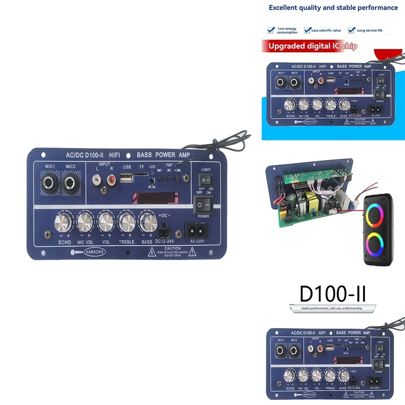 

220V 12V Digital Bluetooth Amplifier Board Subwoofer Dual Microphone Karaoke Amp Speaker Home Theater DIY 100W-AC37