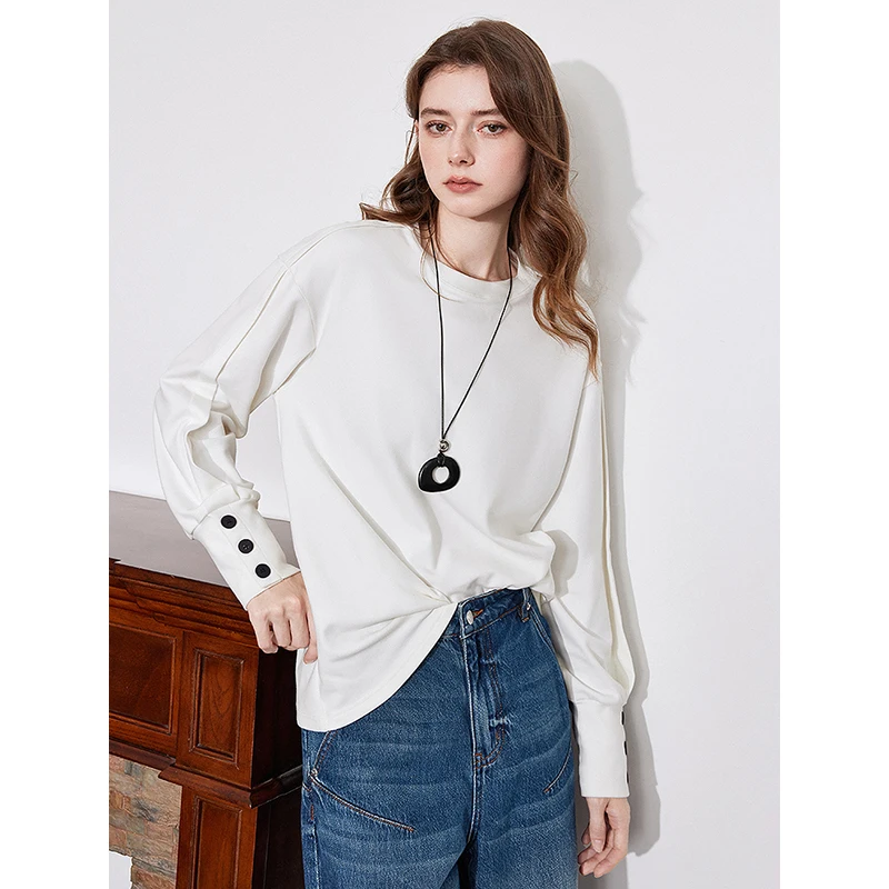 TOYOUTH Women Long Sleeve T-shirt 2024 Autumn Winter New Round Neck Off Shoulder Versatile White Pullover Tops