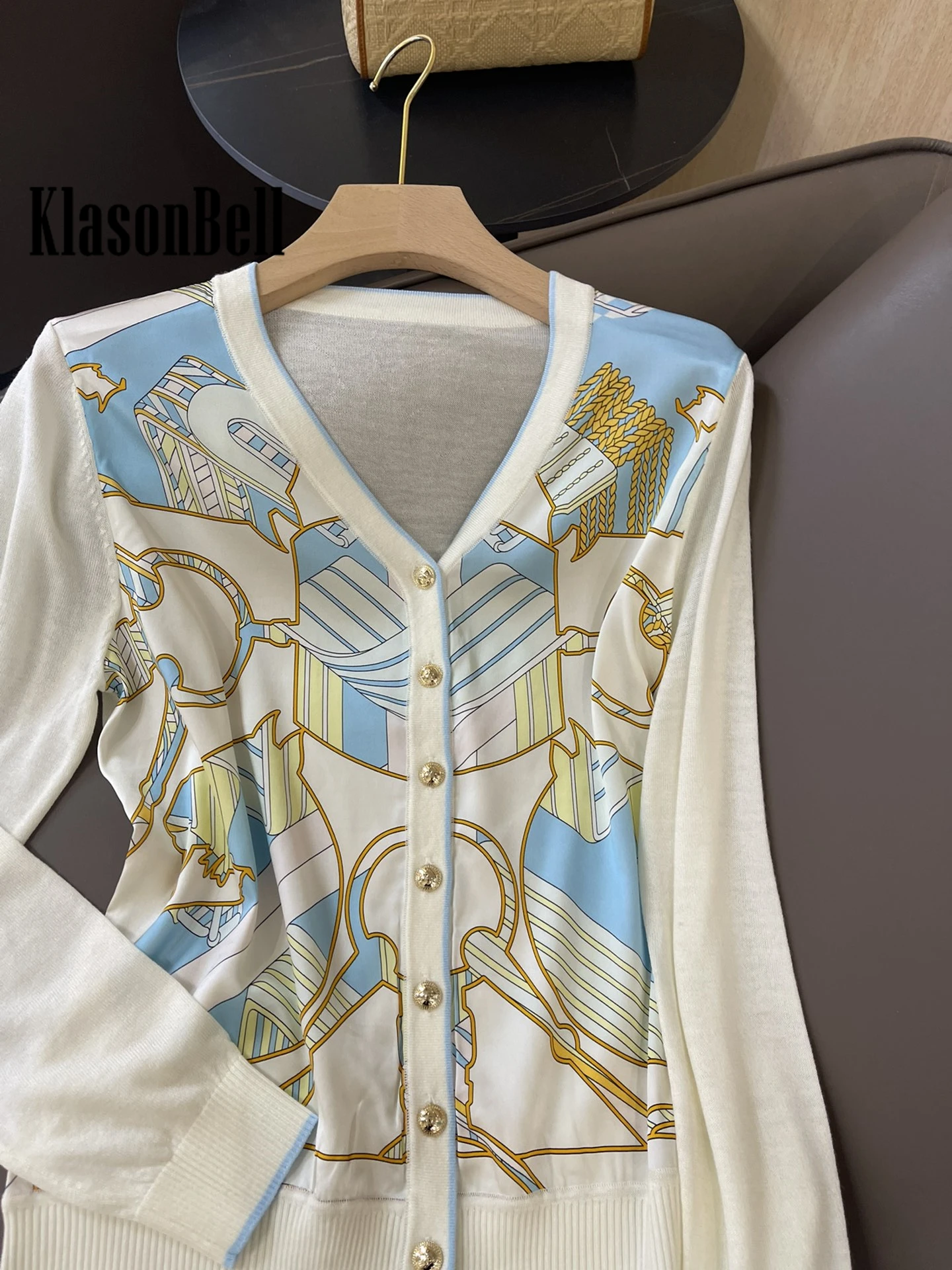 3.7 KlasonBell Elegant Silk Print Pattern Spliced Long Sleeve Knitted Cardigan Women Clothes